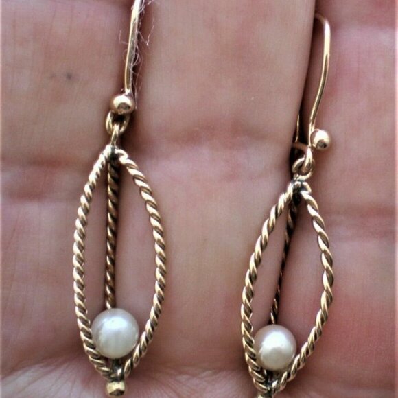 Vintage Solid 14K Yellow Gold White Cultured Pearl Dangle Drop Earrings P - Picture 3 of 5